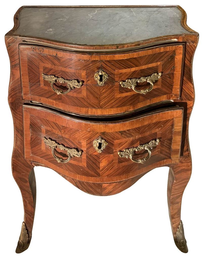 Comodino Luigi XV, Sicilia, ebano viola e bois de rose con piano in marmo grigio bardiglio
