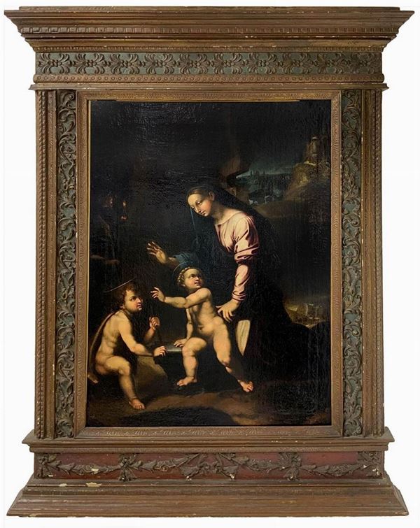 Pittore italiano del XVI secolo cerchia di Raffaello. Madonna con Gesù bambino e San Giovannino. Nell'opera i colori freddi usati, acquistano capacità tonale per la luce che all'imbrunire proviene dall'apertura dell'antro: il dipinto si spinge verso una ricerca di nuova libertà espressiva, esempio inconfutabile dell'arte manierista rinascimentale. 81x59, olio su tela. Opera in cornice. (Vecchia attribuzione a Giulio Romano del Prof. Edoardo Clerici Sella, membro dell'Accademia Tiberina (Roma )