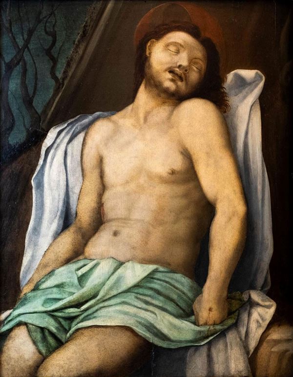 Carlo  Portelli - Olio su tavola raffigurante Cristo deposto. Cm 52x42, attribuito Carlo Portelli (Loro Ciuffenna, 1510 – Firenze, 1574).  Expertis di Emilio Negro. Opera fornita di documento di libera circolazione. 