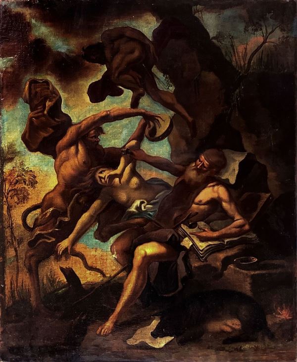 Oil painting on canvas depicting Temptation of St. Anthony by Sebastiano Ricci (1659 Belluno-Venice 1734), Painter from  the late eighteenth century, copy from Sebastiano Ricci, 82x66 cm. Strain 3 cm in the leg.