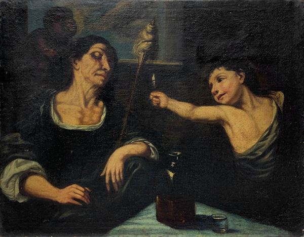 Dipinto ad olio su tela raffigurante Parca Cloto e ragazzo con candela, XVII secolo. Cm 61x80. Privo di cornice. "L'opera &egrave; oralmente attribuita al pittore veneto Pietro della Vecchia (Vicenza, 1603 - Venezia 1678). Conosciuto come Pietro Muttoni fino al 1984, a seguito di errate interpretazioni dell&rsquo;abate Luigi Lanzi, raggiunse notoriet&agrave; intorno alla fine del quarto decennio del Seicento, fino ad essere considerato uno dei pi&ugrave; importanti pittori di Venezia, soprattu