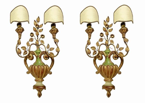 Pair of applique in the shape of wooden vessels and lacquered and golden metal, with two lights