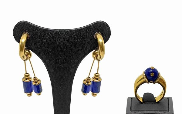 Parure earrings and ring in red gold conelapis lazuli