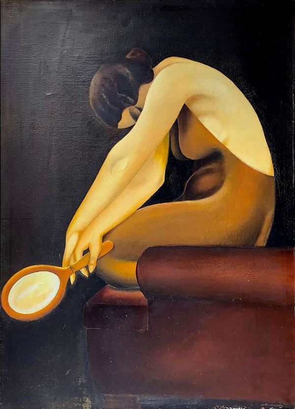 Dipinto ad olio su tela raffigurante donna con specchio, Russia. XX secolo.Cm 118 x 89
