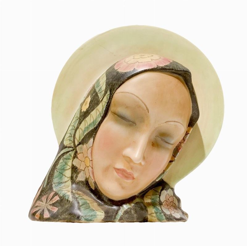 Igni Fornace Ceramiche Torino (1935 – 1945c.) - Mater Dulcis, Volto di Madonna in Maiolica Policr...