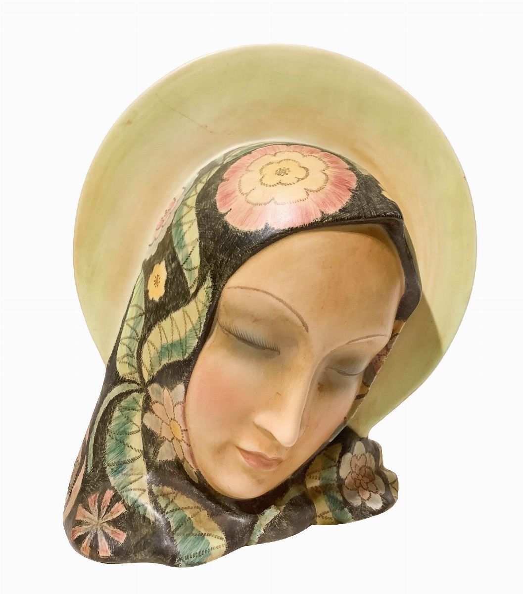Igni Fornace Ceramiche Torino (1935 – 1945c.) - Mater Dulcis, Volto di Madonna in Maiolica Policr...