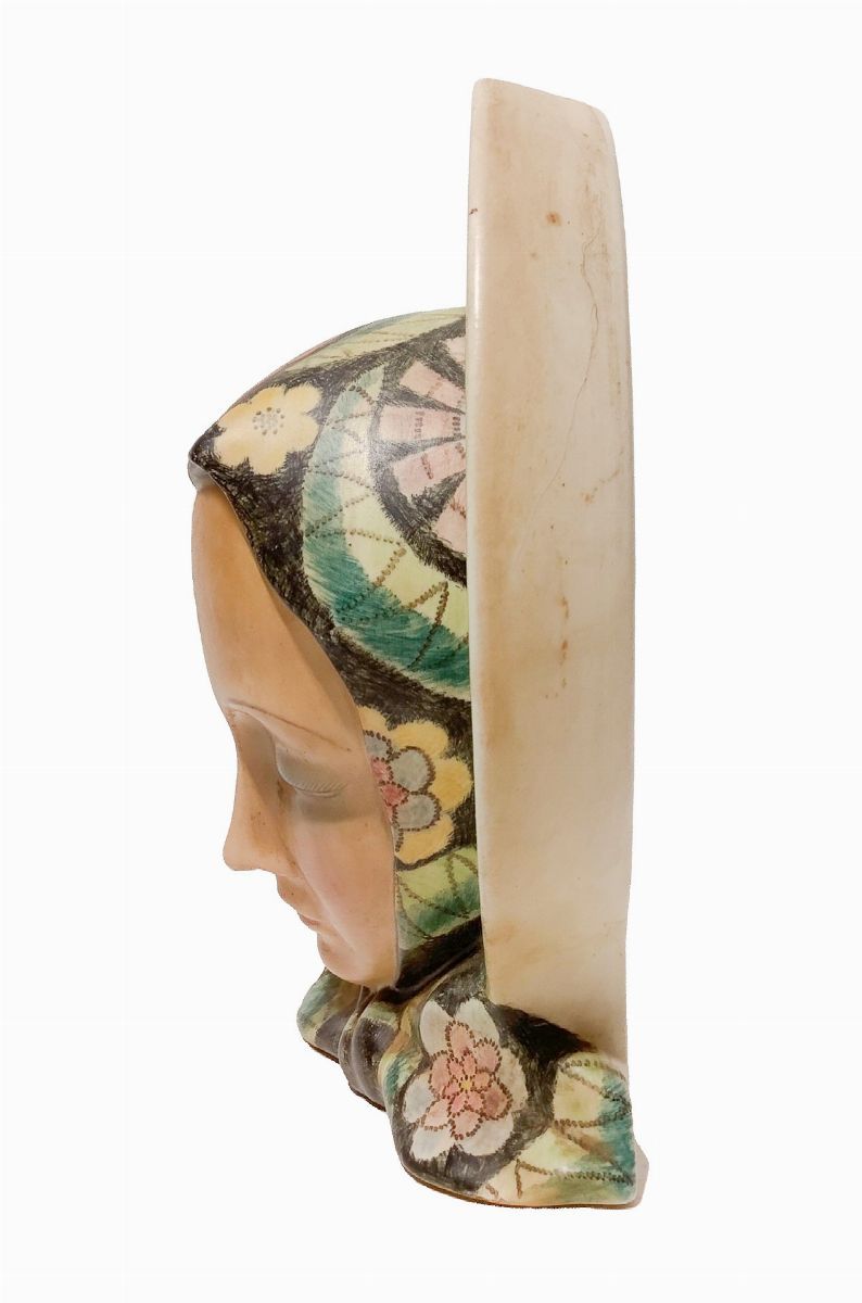 Igni Fornace Ceramiche Torino (1935 – 1945c.) - Mater Dulcis, Volto di Madonna in Maiolica Policr...