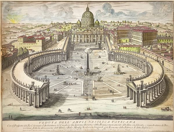 Giovanni Battista Falda - Splendida incisione ad acquaforte acquarellata raffigurante veduta dell’ampia Basilica Vaticana