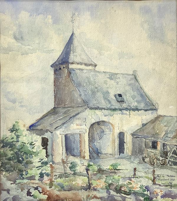 Hof Ter Mulden - Framed watercolor on paper depicting a countryside landscape with houses,