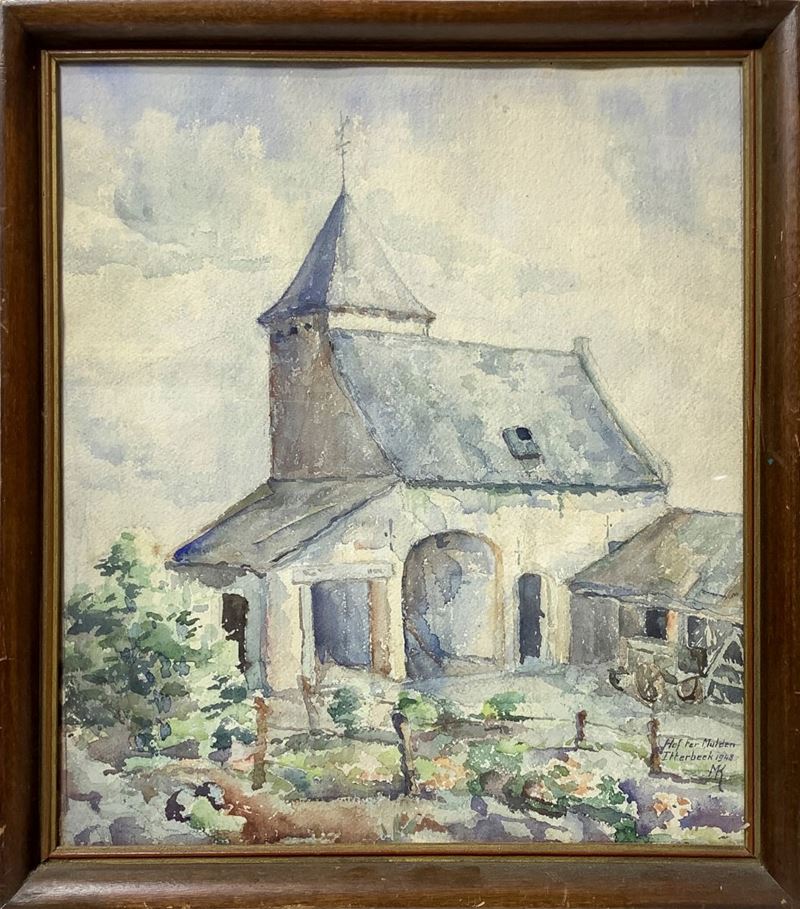 Hof Ter Mulden - Acquarello su Carta in Cornice Raffigurante Paesaggio di Campagna con Case,
