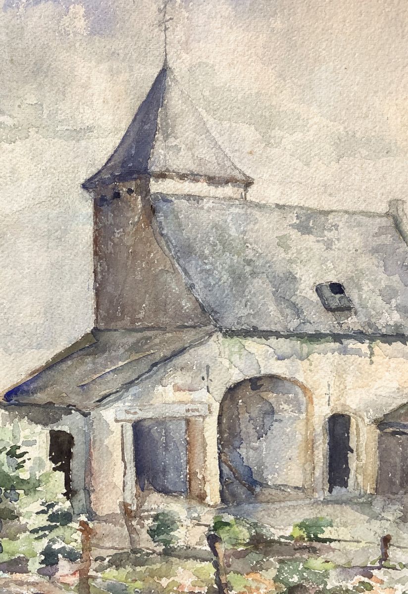 Hof Ter Mulden - Acquarello su Carta in Cornice Raffigurante Paesaggio di Campagna con Case,