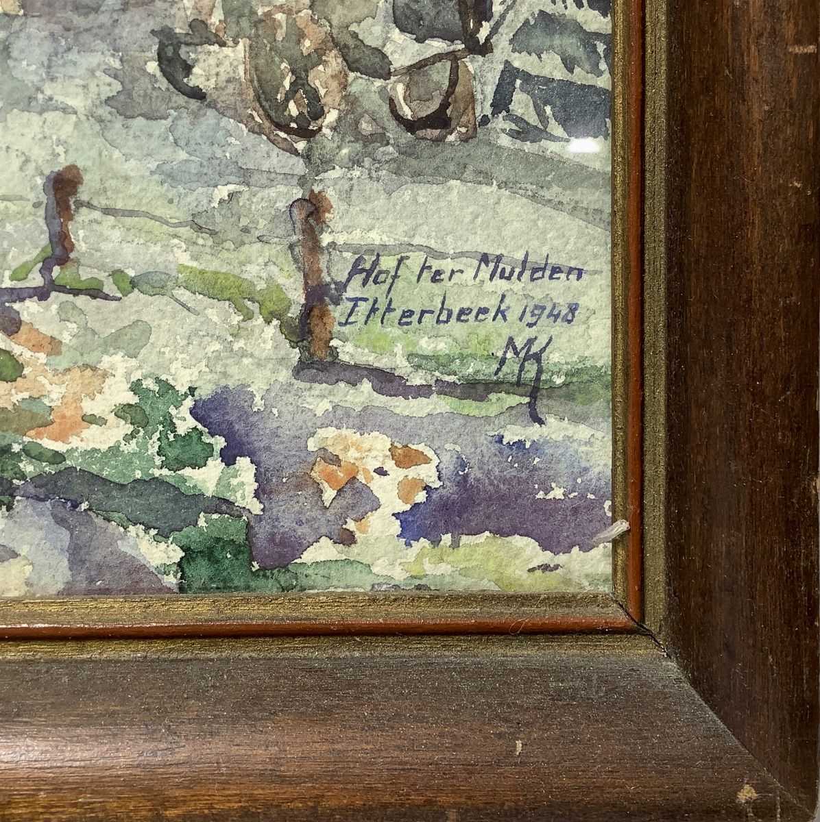 Hof Ter Mulden - Acquarello su Carta in Cornice Raffigurante Paesaggio di Campagna con Case,