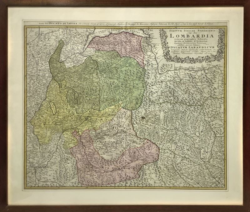 Homann, Lombardia Ducatum Sabaudicum (1721–1750 circa), incisione acquarellata
