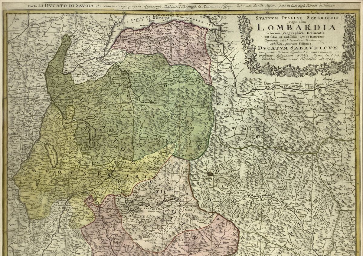 Homann, Lombardia Ducatum Sabaudicum (1721–1750 circa), incisione acquarellata