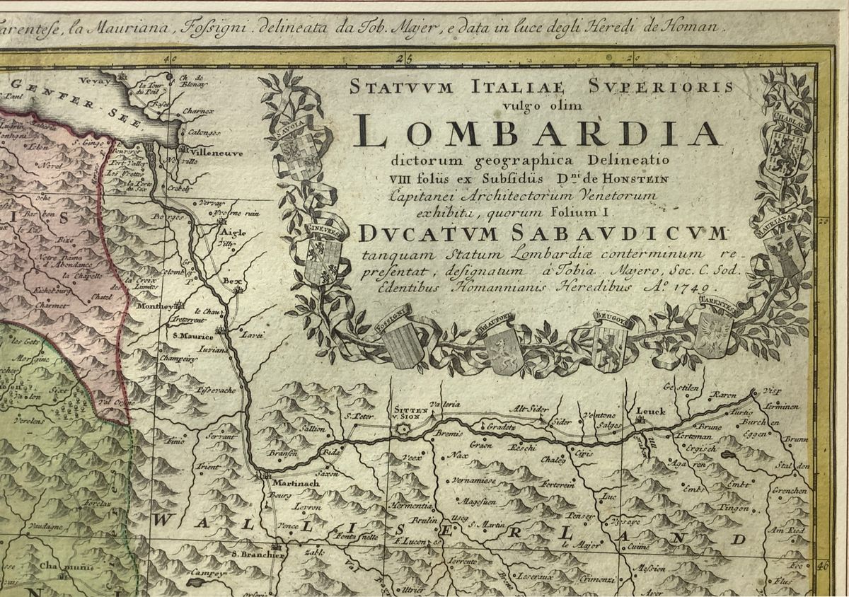 Homann, Lombardia Ducatum Sabaudicum (1721–1750 circa), incisione acquarellata