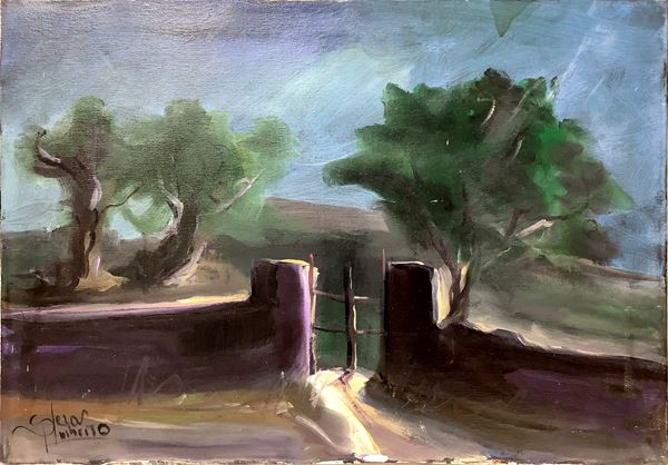 Landscape with low wall and gate