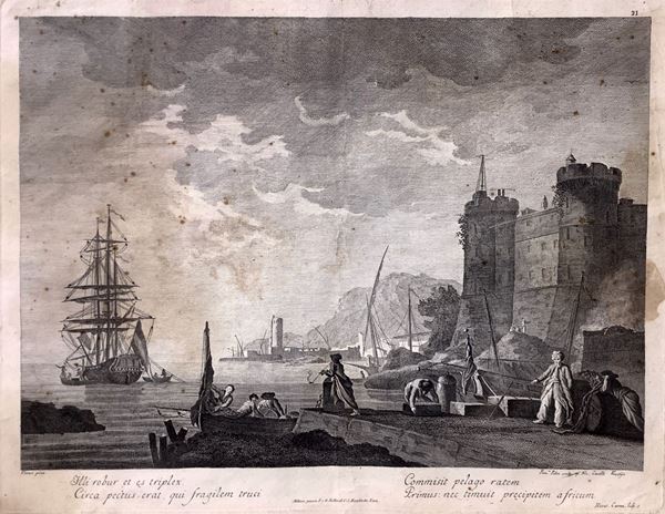 View of Castell dell'Ovo with sailing ship and characters