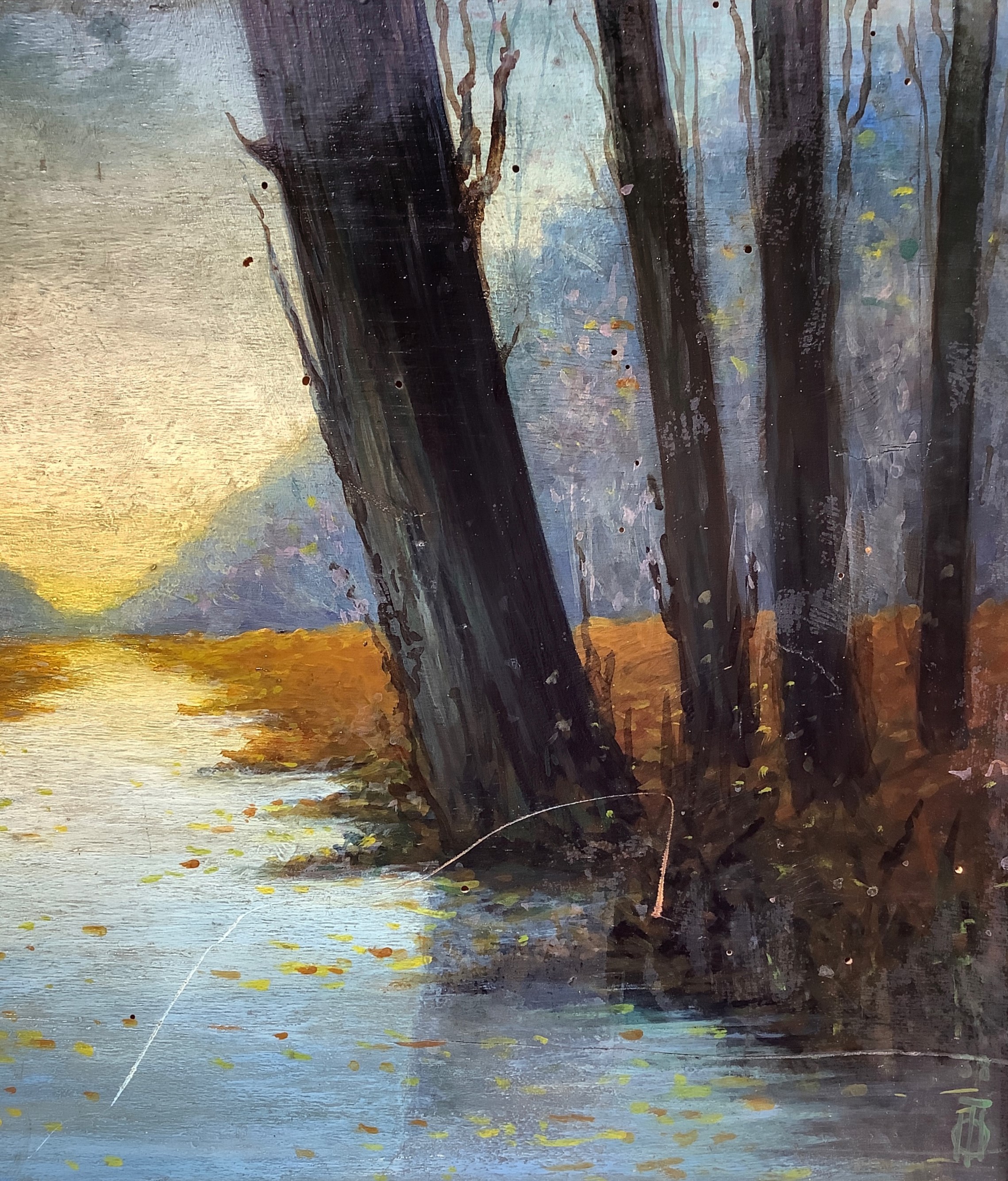 Fiume con alberi al tramonto.