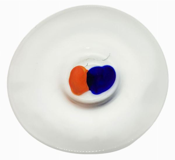 Small Murano glass centerpiece with blue streaks and brown center, Ioan Tamaia