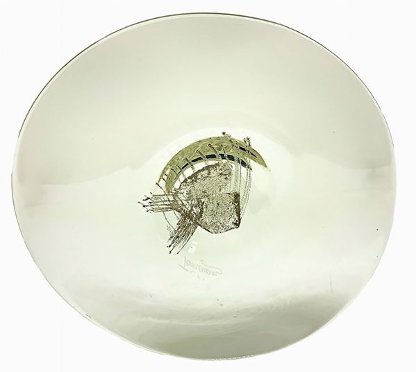 Small glass centerpiece with decorations in the center in silver color, Ioan Tamaian