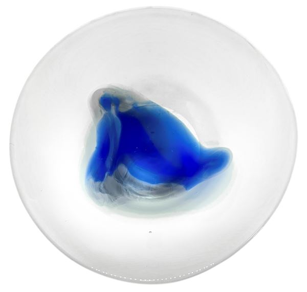 Small centerpiece in frosted glass with decoration in the center in shades of blue, Ioan Tamaian