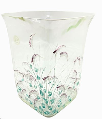 Vaso in Vetro Trasparente di Forma Rettangolare con Decori Floreali