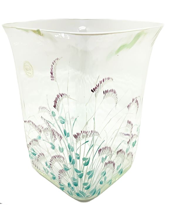 Ghisetti - Vaso in vetro trasparente di forma rettangolare con decori floreali