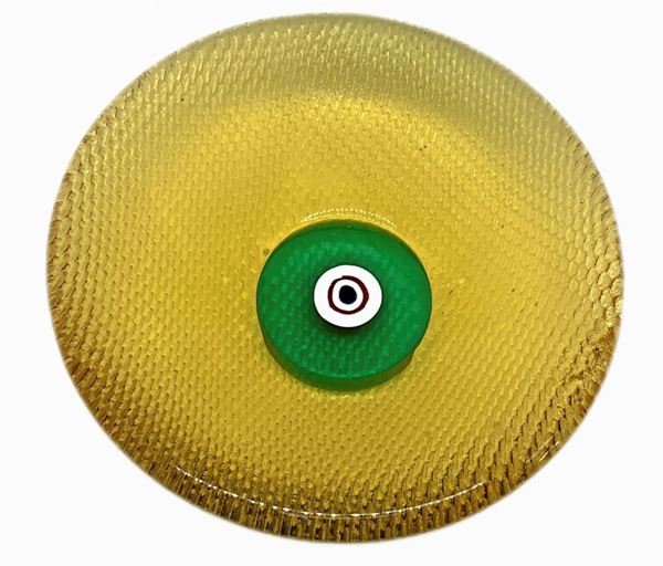 Small straw-colored Murano glass plate with murrina.