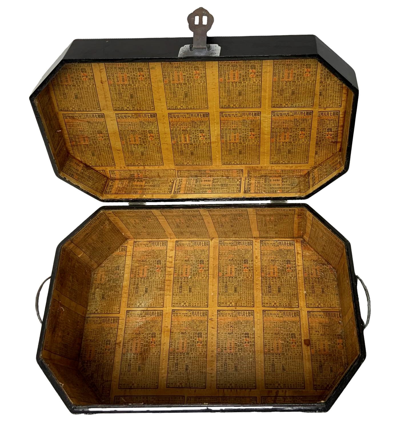 Baule cinese da viaggio, legno laccato dipinto a mano con decori floreali