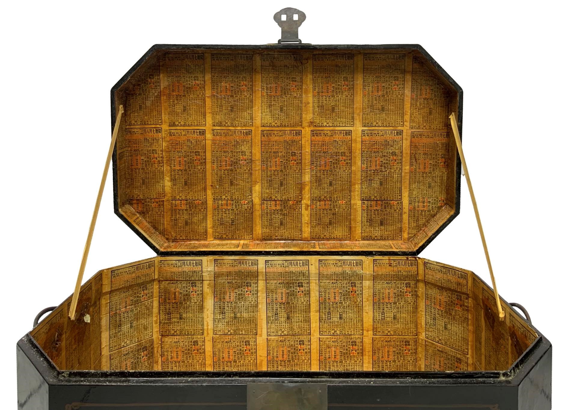 Baule cinese da viaggio, legno laccato dipinto a mano con decori floreali