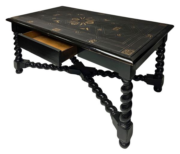 Louis XIII writing desk, 17th century in black ebonized wood, ivory inlaid top