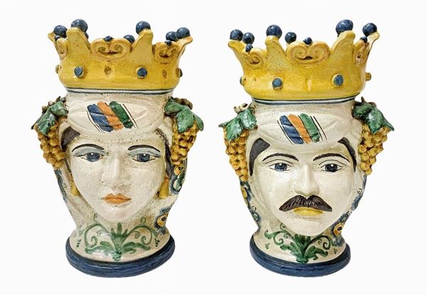 Pair of Moor's heads in majolica from Caltagirone