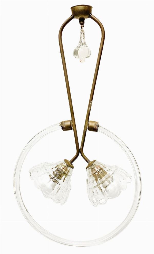 Decò chandelier, with two lights in metal and glass