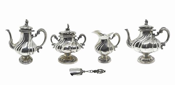 Silver set, consisting of teapot, coffee maker, milk lamp, sugar bowl.