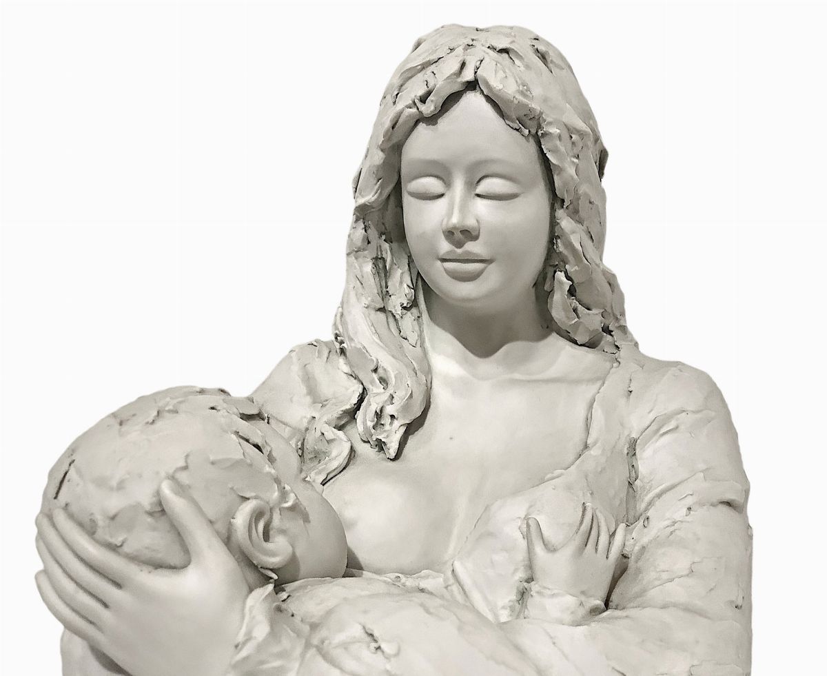 Gianni Visentin - Statuetta in biscuit raffigurante maternità con base in legno