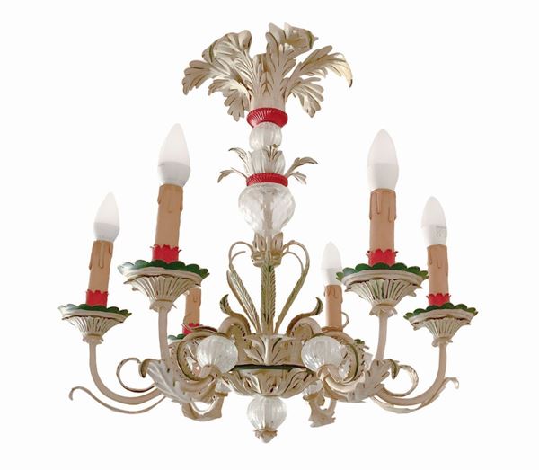 Lampadario in metallo laccato policromo e vetri sferici. A sei luci.