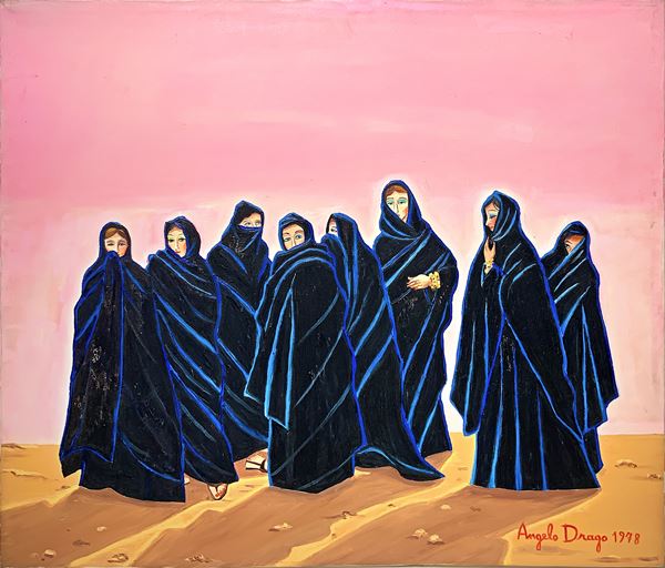 Angelo Drago - Women in black robes in the desert