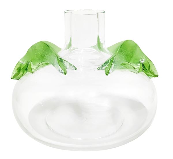 Lalique France - Lalique vase, body in transparent glass with plant decoration in satin green.