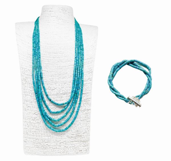Parure di collana e bracciale in turchesi Arizona, a rondelle di mm 2/3.