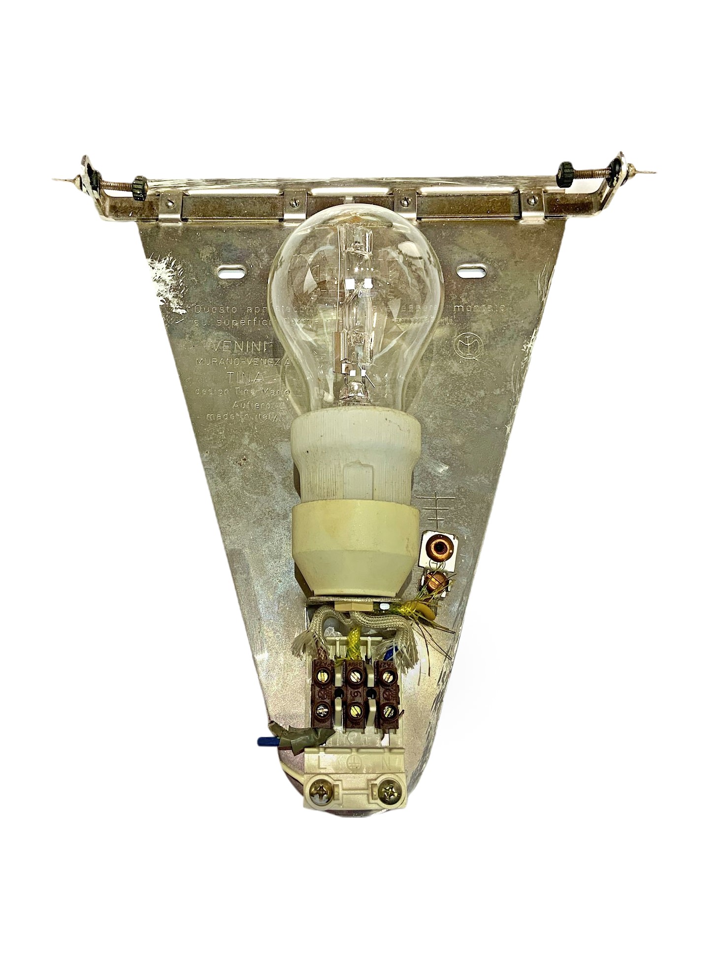 Lampada da muro Venini in vetro di Murano lattimo, disegno Tina Aufiero