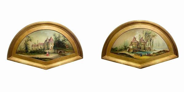 Coppia di piccoli dipinti ad olio su rame raffiguranti Castelli di Normandia e personaggi