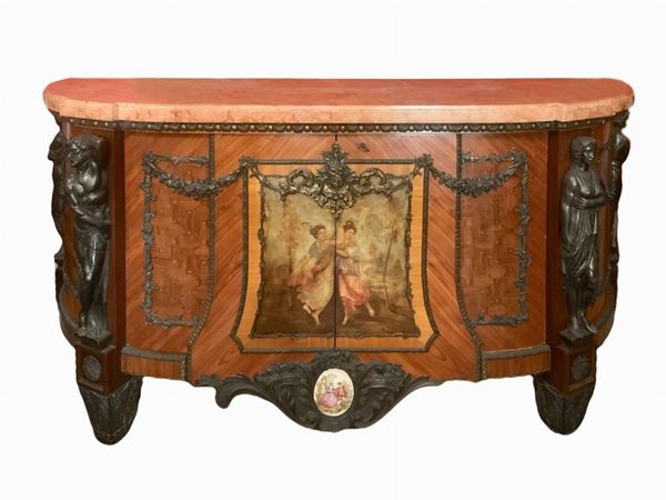 Servant with marble and painted top with bucolic scenes and oval porcelain base with miniatures