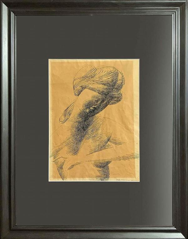 Emilio Greco (Catania, 1913-Roma,1995). Nudo di donna. 49x35, disegno a china su carta. Firmato a destra e siglato Roma. Sul retro altro disegno accennato e scritta : Largo di Villa Massimo 2 e data 1953. Etichette di mostre. "Il riconoscimento internazionale per l’artista si ebbe alla Biennale di Venezia del 1956 con il Gran Premio per la Scultura, i suoi disegni e le sue sculture rispecchiano un ideale di bellezza che attraverso forme tornite, allungate e ben fornite si riportano ad un manie
