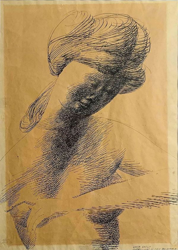 Emilio Greco (Catania, 1913-Rome, 1995). Naked woman. 49x35, ink on paper drawing. Signed on the right and entered Rome. On the back of another mentioned and written design: Largo di Villa Massimo 2 and date 1953. Labels of exhibitions. "International recognition for the artist came to the Venice Biennale of 1956 with the Grand Prize for Sculpture, his drawings and sculptures reflect an ideal of beauty through shapely shapes, elongated and well provided is reported to a mannerism archaic of th