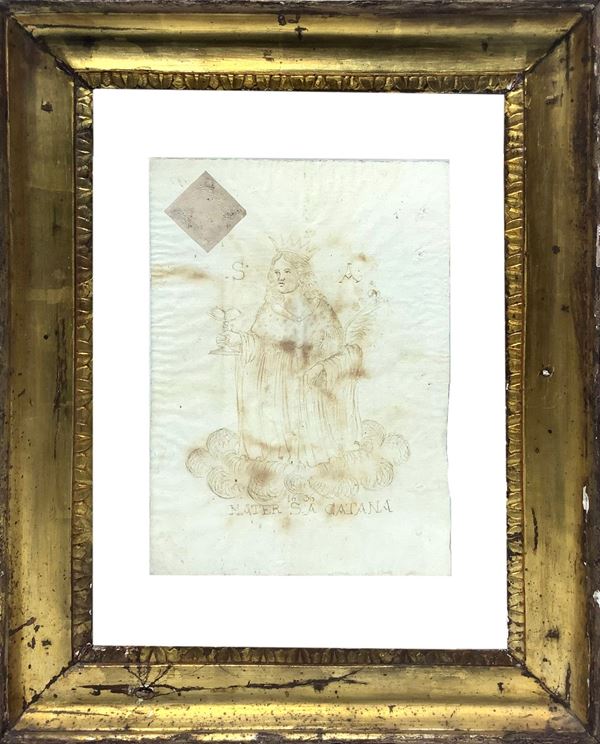 Cornice in foglia oro e Inchiostro brunaccio su carta vergellata raffigurante Sant’Agata.
