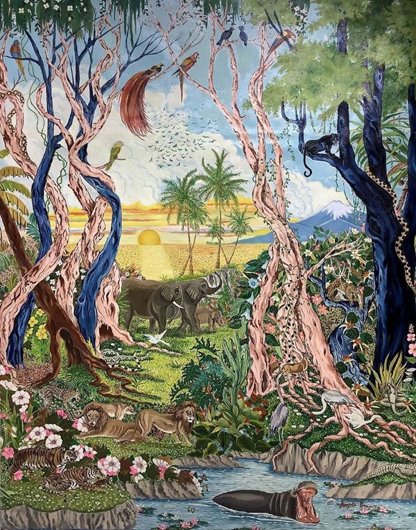 Drago Angelo (Catania Catania 1930- 2020), naive painting in Oil painting on canvas of "Africa", 179x141 cm. Signed and dated '74 lower right corner. Angelo Drago wins the Golden Lion Award in Florence in 1979, 1st International Art Prize Occasion, Milano to the friars "Naif". Bibliography: "The Italian naifs" Mario De Micheli, Renzo Margonari, Ed. Passera and Agosta Tota, foreword by Cesare Zavattini pg 156. Bolaffi Catalog of Natif Italian, Giulio Bolaffi Publisher 1973, pg 60.