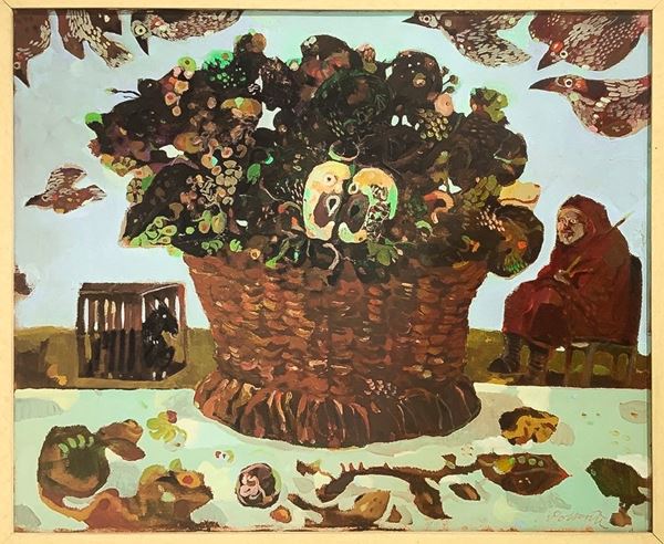 Antonio Possenti (Lucca, 11 gennaio 1933 - Lucca, 28 luglio 2016), dipinto ad olio su tela raffigurante natura morta intitolato "in campagna con la capra", firmato in basso a destra Possenti. Cm 50x60, in cornice cm 75x85