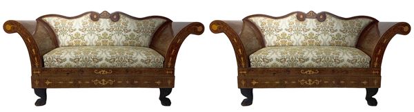 Pair of two-seater sofas with inlays