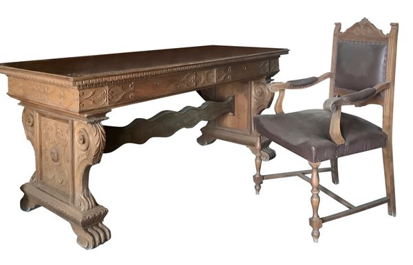 Neo-Renaissance table / desk with armchair
