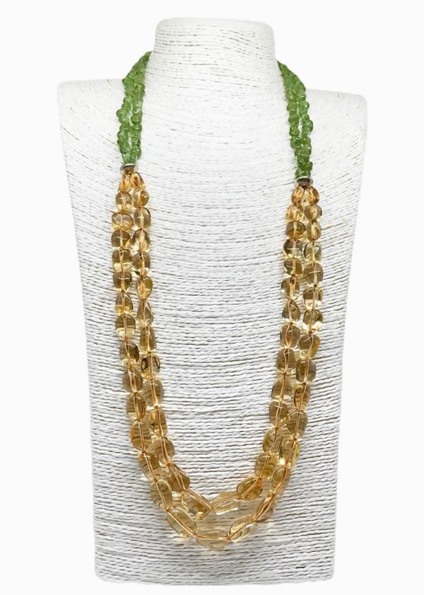 Collana a due fili più due fili, due di  QUARZO CITRINO più due di PERIDOTO